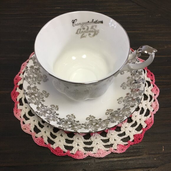 Royal Albert 'Congratulations 25th' Silver Filigree Porcelain Teacup & Saucer - Picture 3 of 11